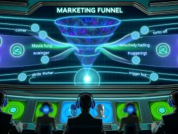 Futuristische Cockpit-Szenerie mit holografischer Funnel-Grafik, KI-Netzwerk und Menschen mit Headsets vor Bildschirmen.