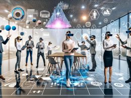 Mehrere Marketer mit AR-Brillen arbeiten in einer lichtdurchfluteten, futuristischen Marketingagentur, interagieren mit schwebenden 3D-Daten, holografischen Werbebotschaften und planen Kampagnen an einem transparenten Touch-Table, umgeben von modernen Technologien.