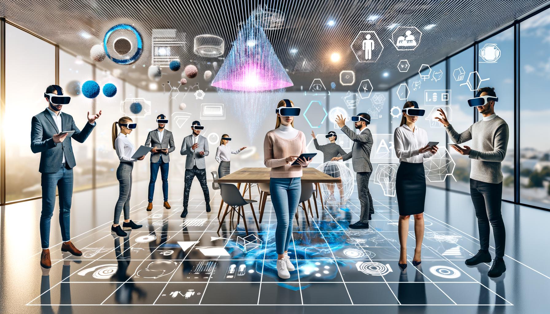 Mehrere Marketer mit AR-Brillen arbeiten in einer lichtdurchfluteten, futuristischen Marketingagentur, interagieren mit schwebenden 3D-Daten, holografischen Werbebotschaften und planen Kampagnen an einem transparenten Touch-Table, umgeben von modernen Technologien.