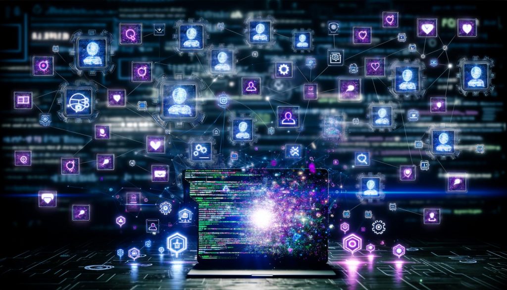 Futuristisches Nacht-Workspace mit Laptop und leuchtenden Instagram-, Bot- und Daten-Elementen, digitale Zahnräder im Hintergrund.