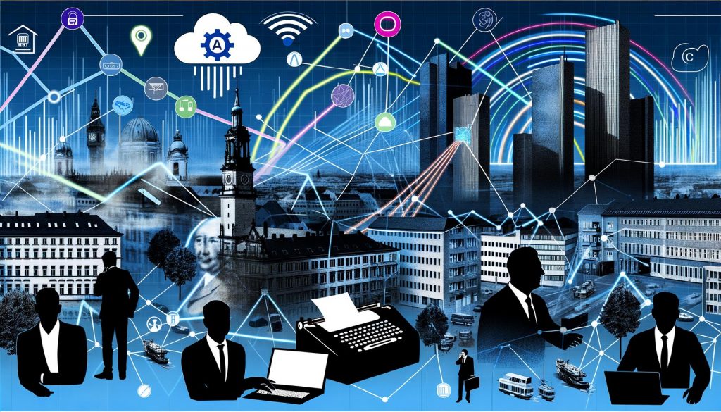 Collage einer deutschen Stadt mit digitalen Datenströmen, alten Verwaltungsgeräten und Businessmenschen, die in den digitalen Wandel blicken
