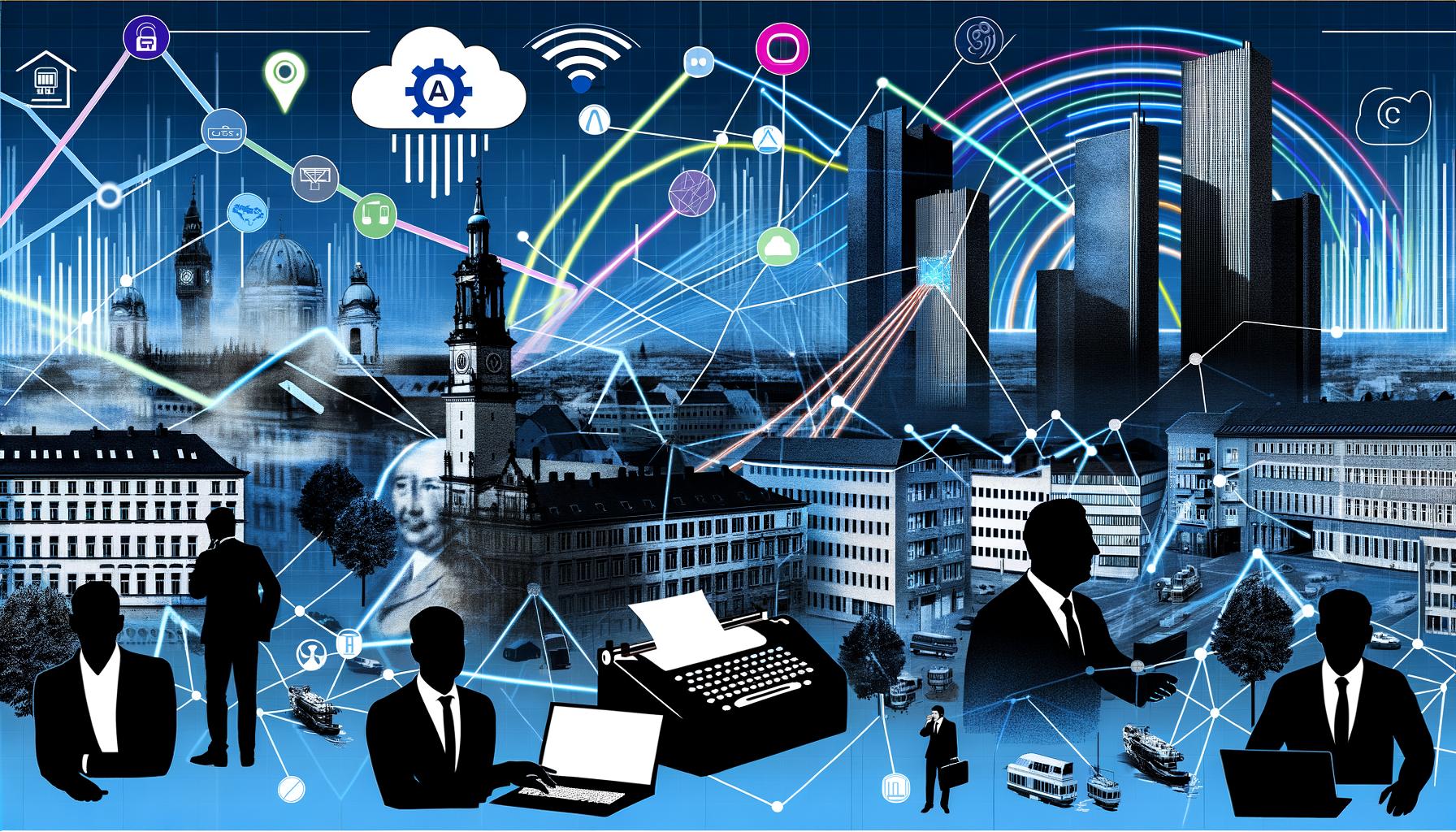 Collage einer deutschen Stadt mit digitalen Datenströmen, alten Verwaltungsgeräten und Businessmenschen, die in den digitalen Wandel blicken