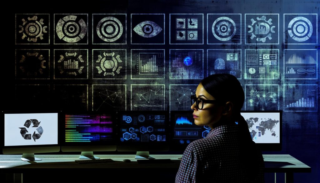 Analystin mit Nerd-Brille sitzt konzentriert vor Monitoren mit komplexen Datenvisualisierungen und GA4 Dashboards, während im Hintergrund Universal Analytics Symbole als Ruinen erscheinen.