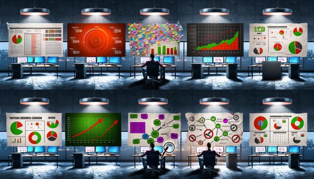 Visualisierung von Marketing-KPI-Dashboards in modernen Büros, Marketer im Self-Confidence-Posing, übersichtliche Infografik der wichtigsten KPIs mit Symbolen, Best-Practice-Workflows und typische Fehler im Reporting auf überladenen Monitoren, begleitet von Szenen aus Meetings und Cockpit-Analogie.