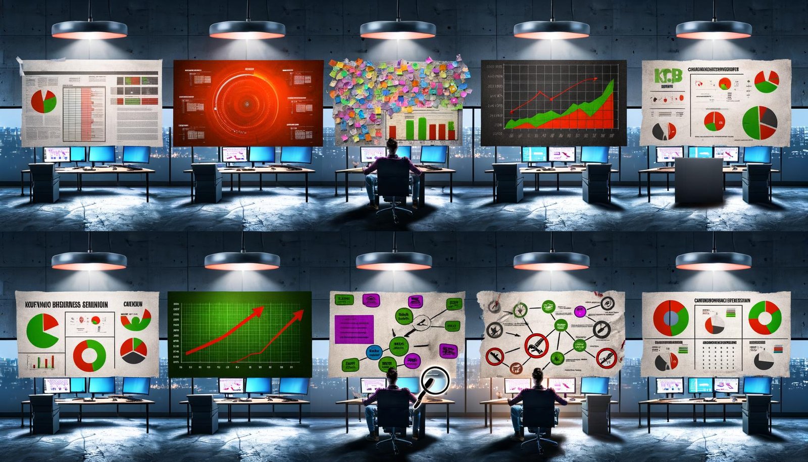 Visualisierung von Marketing-KPI-Dashboards in modernen Büros, Marketer im Self-Confidence-Posing, übersichtliche Infografik der wichtigsten KPIs mit Symbolen, Best-Practice-Workflows und typische Fehler im Reporting auf überladenen Monitoren, begleitet von Szenen aus Meetings und Cockpit-Analogie.