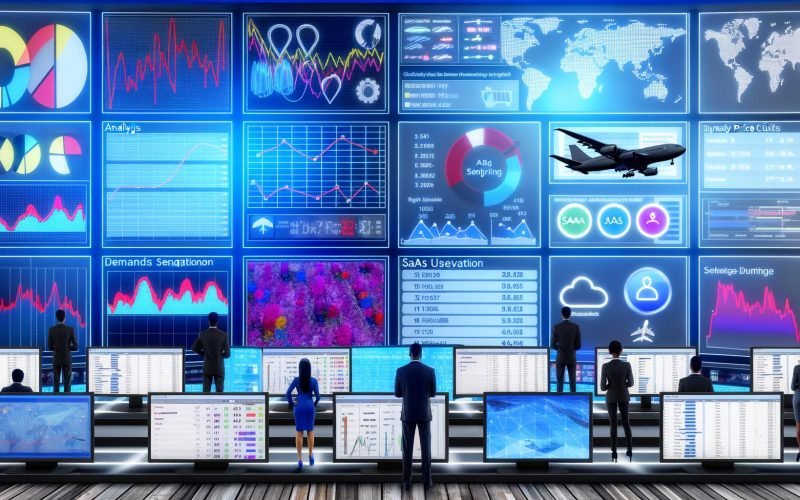 Digitale Schaltzentrale mit großen Monitoren, auf denen Preiskurven, Heatmaps und Echtzeit-Statistiken sichtbar sind. Im Vordergrund analysieren Analysten und Entwickler die Daten. Im Hintergrund erscheinen Branchen-Symbole wie Flugzeug, Hotel, Warenkorb, Cloud-Server und Mobile App.