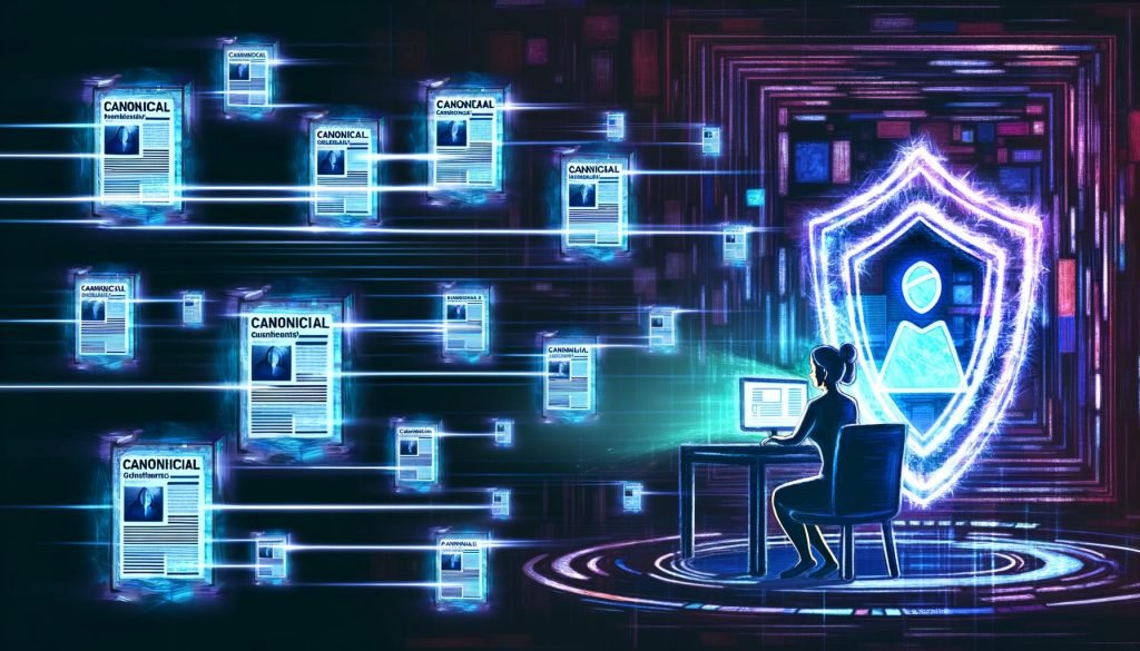 Illustration eines Content Creators mit digitalen Duplikaten seines Artikels auf mehreren Plattformen, verbunden durch Neonlinien, ein Canonical-Schutzschild über der Originalseite und ein schattenhafter Google-Phantom im Hintergrund.