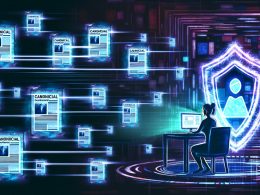 Illustration eines Content Creators mit digitalen Duplikaten seines Artikels auf mehreren Plattformen, verbunden durch Neonlinien, ein Canonical-Schutzschild über der Originalseite und ein schattenhafter Google-Phantom im Hintergrund.