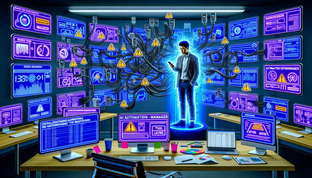 Gestresste Marketing-Person im modernen Büro mit zahlreichen Bildschirmen, komplexen Dashboards, Warnmeldungen und KI-Automatisierungstools wie Zapier, HubSpot, ChatGPT und Datadog. Ein schützender Schatten bringt Struktur ins Tool-Chaos.