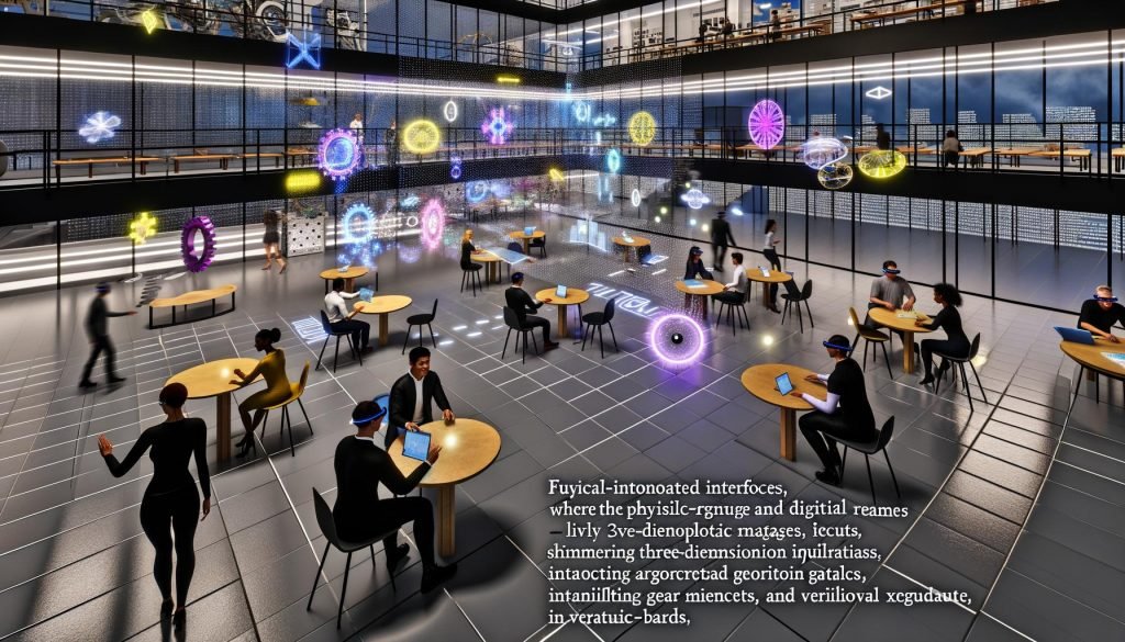Teammitglieder mit AR-Headsets interagieren in einem futuristischen Büro mit holographischen Benutzeroberflächen, 3D-Charts und schwebenden Datenpanels.
