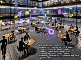 Teammitglieder mit AR-Headsets interagieren in einem futuristischen Büro mit holographischen Benutzeroberflächen, 3D-Charts und schwebenden Datenpanels.