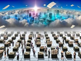 Metaphorisches Bild einer futuristischen deutschen Skyline mit digitalem Bruch im Vordergrund: Faxgeräte, Papierberge, veraltete Server und ratlose Menschen, getrennt durch Hindernisse wie Förderprogramme, DSGVO und Infrastruktur.