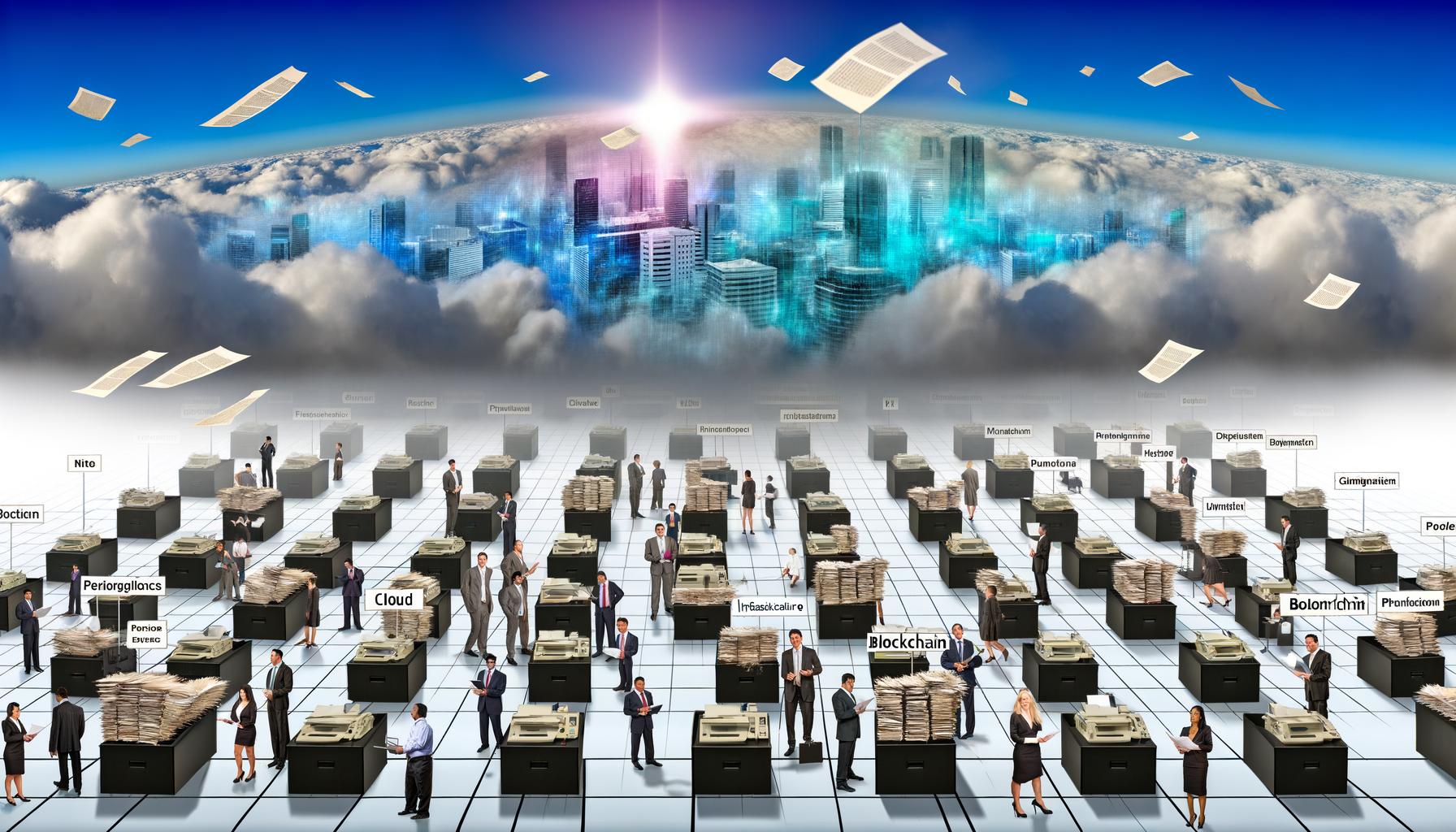 Metaphorisches Bild einer futuristischen deutschen Skyline mit digitalem Bruch im Vordergrund: Faxgeräte, Papierberge, veraltete Server und ratlose Menschen, getrennt durch Hindernisse wie Förderprogramme, DSGVO und Infrastruktur.