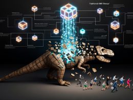 Futuristische Darstellung eines zerfallenden CMS-Dinosauriers, der eine leuchtende Netzstruktur aus Headless-Architektur offenbart, mit Entwicklern und Marketern, die zu modernen Geräten greifen und digitalen Schnittstellen im Hintergrund.