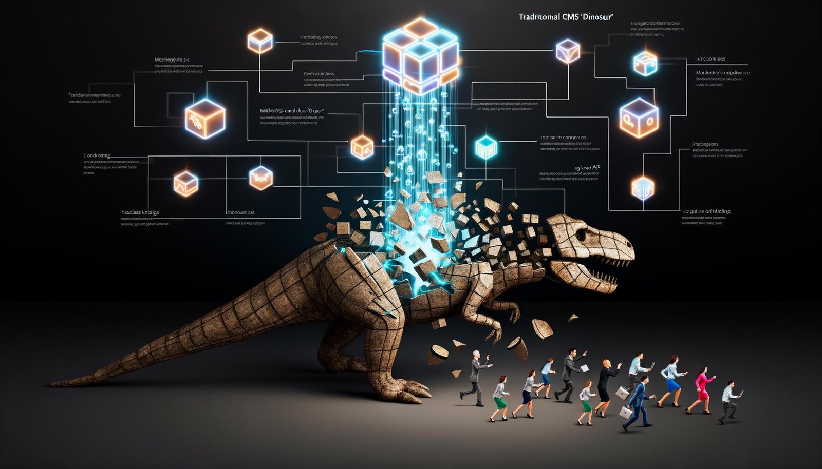 Futuristische Darstellung eines zerfallenden CMS-Dinosauriers, der eine leuchtende Netzstruktur aus Headless-Architektur offenbart, mit Entwicklern und Marketern, die zu modernen Geräten greifen und digitalen Schnittstellen im Hintergrund.