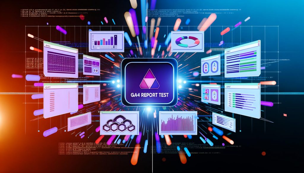 Dynamische Illustration einer futuristischen Analytics-Oberfläche mit bunten Visualisierungen, individuellen Event-Flows, KPIs und hervorgehobenem GA4-Report-Test-Button, umgeben von digitalen Datenströmen und Debug-Code.