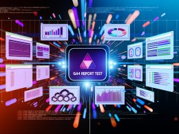 Dynamische Illustration einer futuristischen Analytics-Oberfläche mit bunten Visualisierungen, individuellen Event-Flows, KPIs und hervorgehobenem GA4-Report-Test-Button, umgeben von digitalen Datenströmen und Debug-Code.