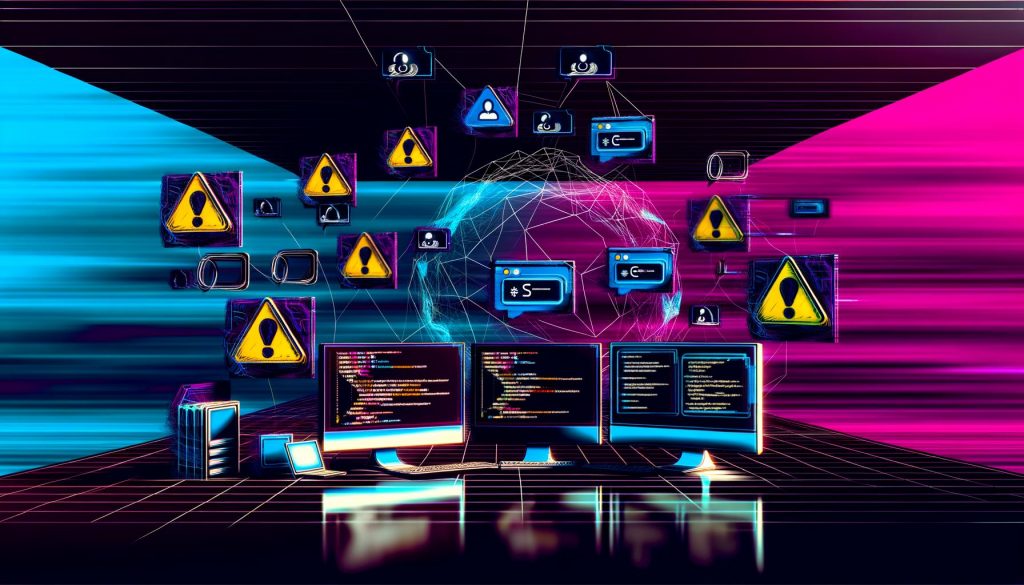 Futuristischer Hacker-Arbeitsplatz mit mehreren Monitoren, Codezeilen, Instagram-Inhalten und digitalen Schutzmechanismen vor buntem Instagram-Gradienten.