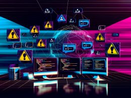 Futuristischer Hacker-Arbeitsplatz mit mehreren Monitoren, Codezeilen, Instagram-Inhalten und digitalen Schutzmechanismen vor buntem Instagram-Gradienten.