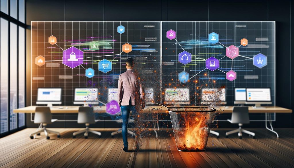 Digital-Marketing-Manager vor modernen Dashboards mit Datenvisualisierungen, Machine Learning Knotenpunkten und veralteten Attributionsmodellen im Hintergrund.