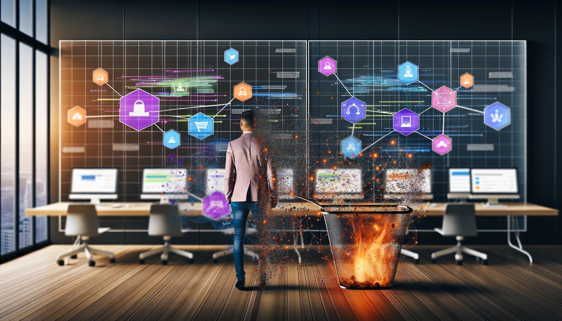 Digital-Marketing-Manager vor modernen Dashboards mit Datenvisualisierungen, Machine Learning Knotenpunkten und veralteten Attributionsmodellen im Hintergrund.