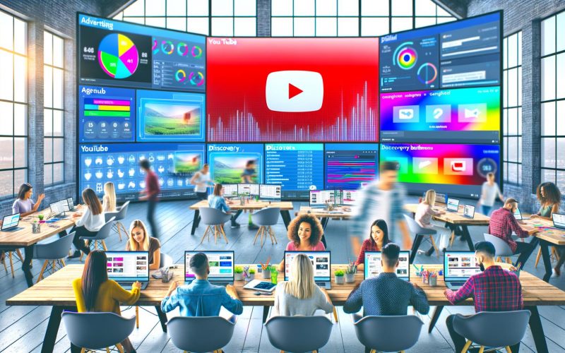 Moderner Arbeitsplatz mit Kreativen, die an Laptops an YouTube-Werbekampagnen arbeiten. Bildschirme zeigen verschiedene Anzeigenformate und YouTube-Statistiken im Hintergrund.