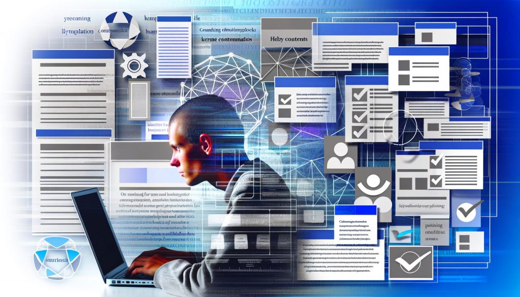 Dynamische Collage aus Website-Blöcken, strukturierten Textfeldern, Meta-Daten und Prozessgrafiken im modernen Farbschema mit einer kreativen Person am Laptop im Vordergrund.