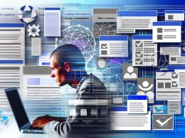 Dynamische Collage aus Website-Blöcken, strukturierten Textfeldern, Meta-Daten und Prozessgrafiken im modernen Farbschema mit einer kreativen Person am Laptop im Vordergrund.