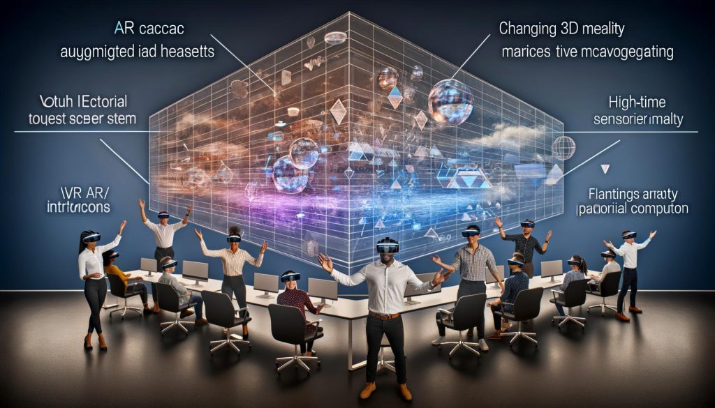 Team in futuristischem Workspace mit AR-Brillen, schwebenden 3D-Modellen, Echtzeitdaten und KI-gestützten Sensoren