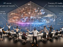 Team in futuristischem Workspace mit AR-Brillen, schwebenden 3D-Modellen, Echtzeitdaten und KI-gestützten Sensoren