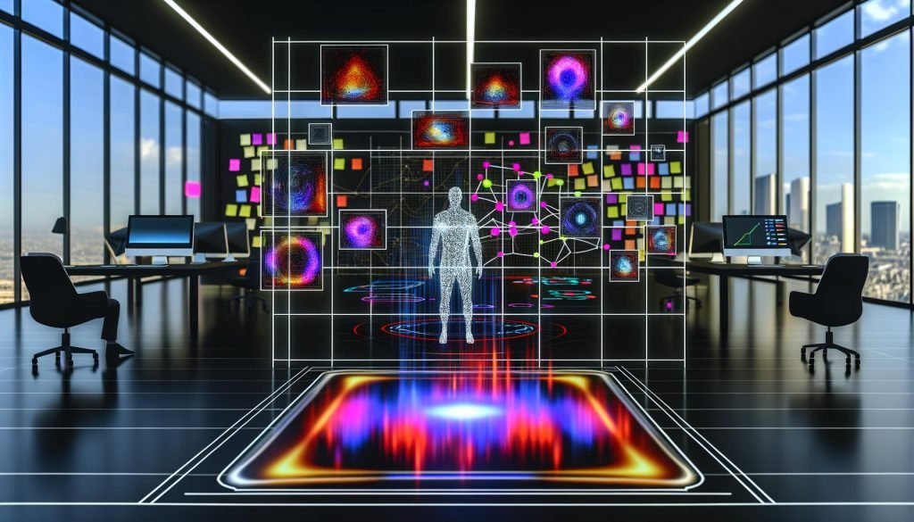 Futuristischer, moderner Arbeitsraum mit leuchtenden Bildschirmen, abstrakten Layouts, neuronalen Netzwerkdiagrammen und animierten Heatmaps, beobachtet von einer holografischen Silhouette.