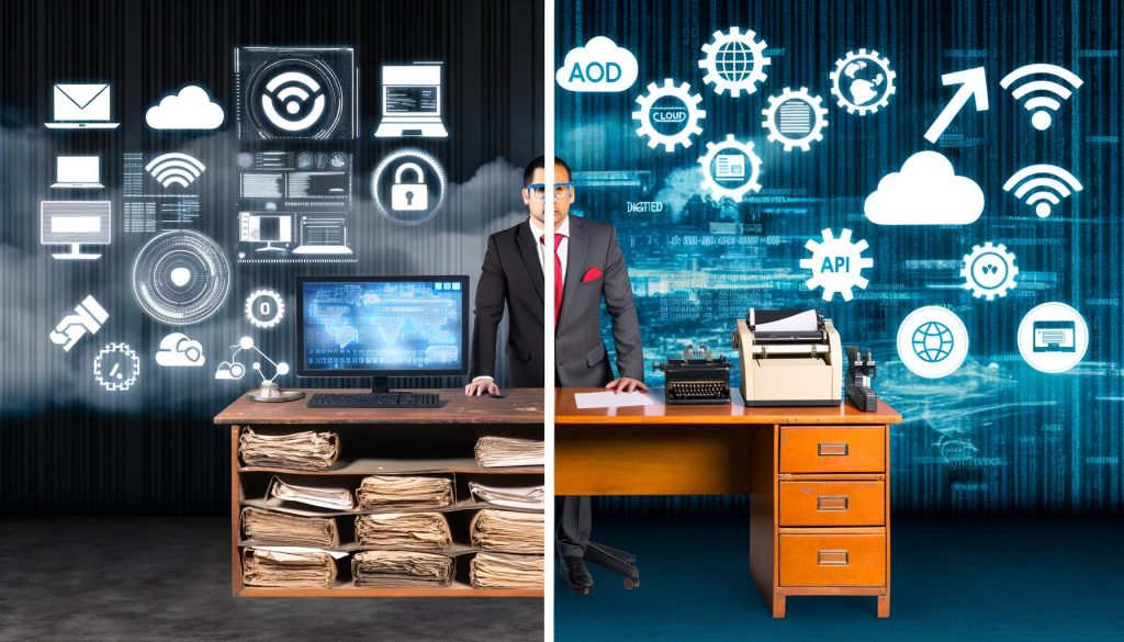 Kontrast zwischen digitalem Arbeitsplatz mit Cloud-Lösungen und traditionellem Behördenbüro mit Papier und Faxgerät in Deutschland.