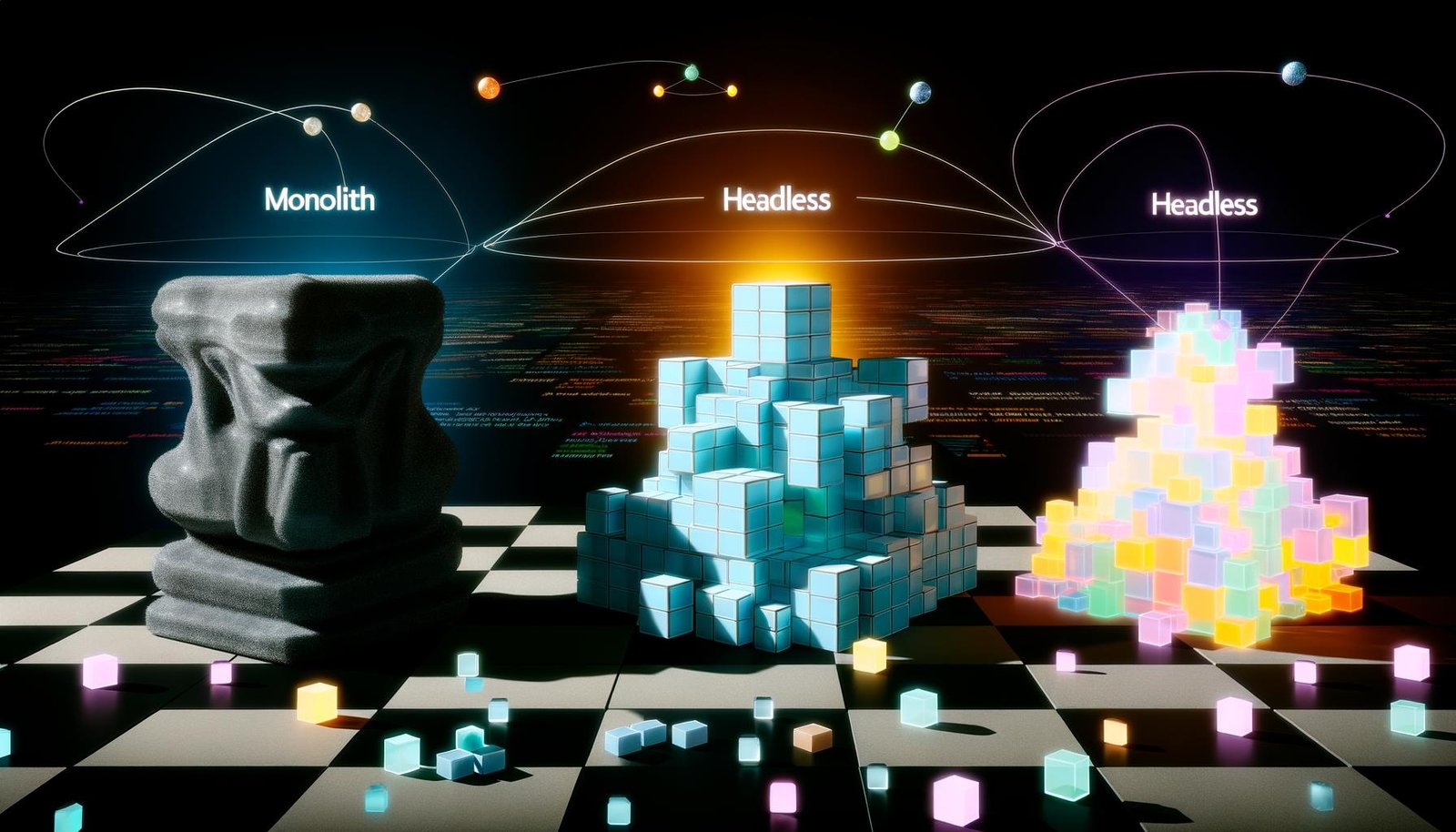 Illustration mit Monolith-, Headless- und Hybrid-Softwarearchitektur als abstrakte Formen auf einem digitalen Schachbrett. Headless-Modell strahlt Energie mit verbundenen Kanälen wie Website, App, Smartwatch und IoT aus.
