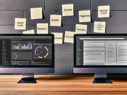 Digitaler Arbeitsplatz mit Fokus auf GA4 Dashboard: Farbiges, ereignisbasiertes Interface dominiert, während Universal Analytics in Graustufen im Hintergrund verschwindet. Codeschnipsel und Notizen mit Begriffen wie ‚Events‘, ‚Parameter‘ und ‚Nutzer-Eigenschaften‘ sorgen für modernes, innovatives Flair.