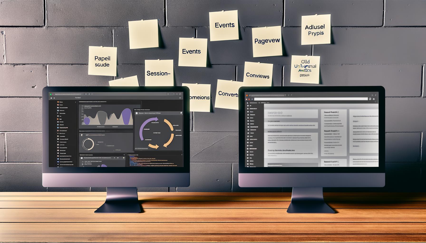 Digitaler Arbeitsplatz mit Fokus auf GA4 Dashboard: Farbiges, ereignisbasiertes Interface dominiert, während Universal Analytics in Graustufen im Hintergrund verschwindet. Codeschnipsel und Notizen mit Begriffen wie ‚Events‘, ‚Parameter‘ und ‚Nutzer-Eigenschaften‘ sorgen für modernes, innovatives Flair.