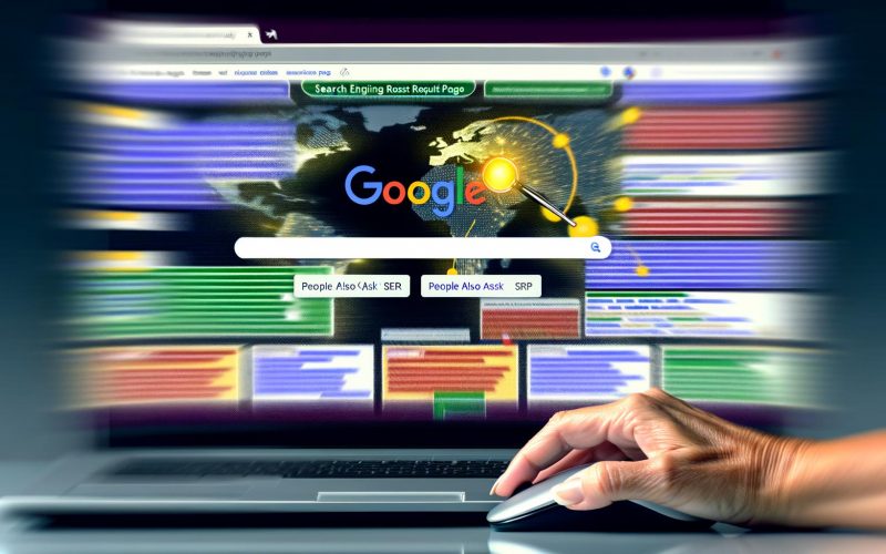 Laptop-Bildschirm mit moderner Google-Suchergebnisseite, großen SERP-Features, schwebender Maus und verschwommenen organischen Treffern