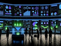 Moderne Illustration von Marketer:innen in einer digitalen Kontrollzentrale mit holographischen Dashboards voller Datenvisualisierungen, Wachstumskurven und leuchtenden KPIs.