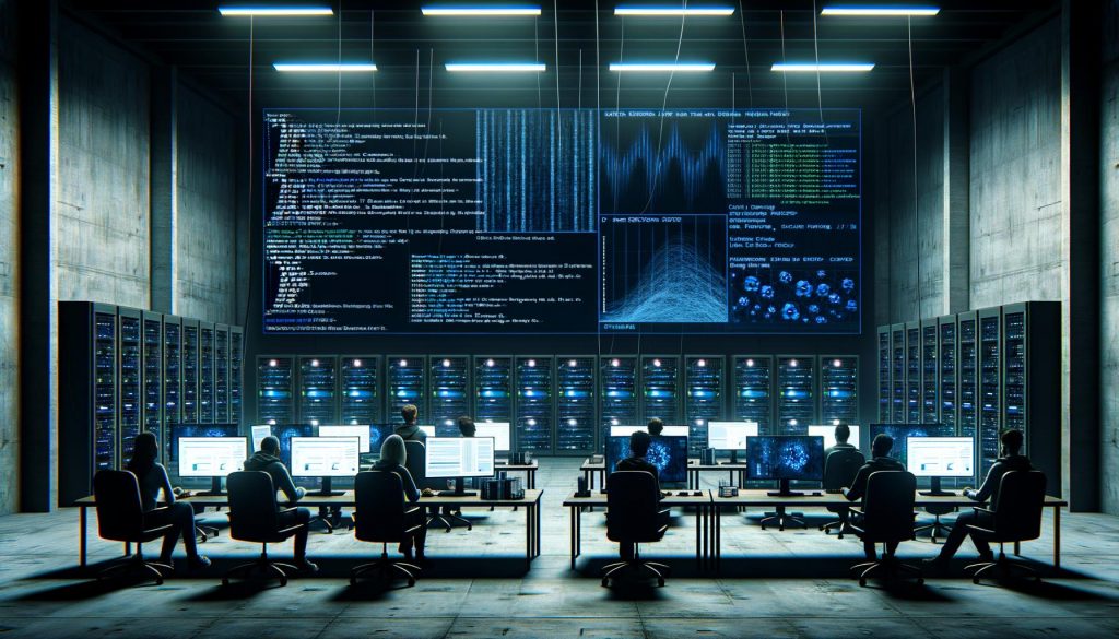 Großraumbüro mit Data Scientists und Growth Hackern an Monitoren mit Code, Instagram-Profilen und einem Dashboard für Instagram-Scraping im Darkmode, umgeben von Serverracks mit blauen und grünen LEDs.