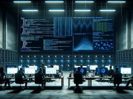 Großraumbüro mit Data Scientists und Growth Hackern an Monitoren mit Code, Instagram-Profilen und einem Dashboard für Instagram-Scraping im Darkmode, umgeben von Serverracks mit blauen und grünen LEDs.