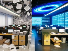 Vergleich eines chaotischen Marketingbüros mit unordentlichen Schreibtischen und verwirrten Mitarbeitern neben einem strukturierten, digital organisierten Arbeitsraum mit klarem Versionsmanagement und effizientem Arbeiten.