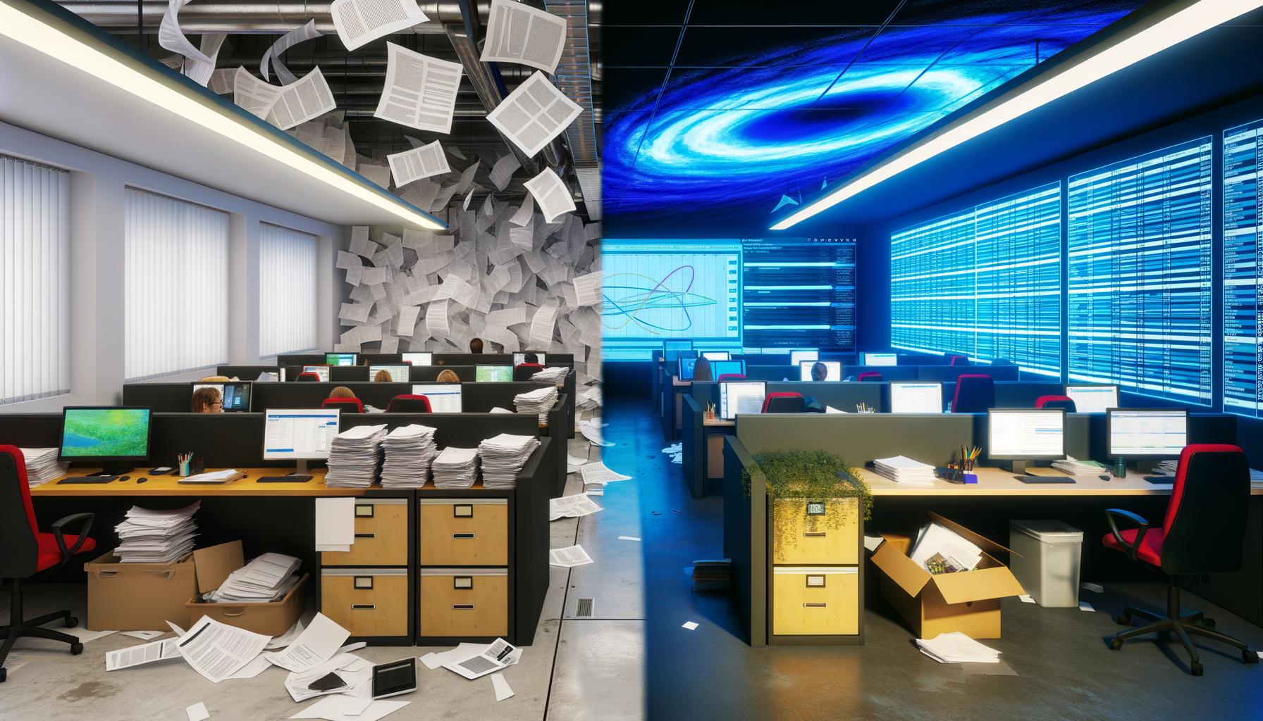 Vergleich eines chaotischen Marketingbüros mit unordentlichen Schreibtischen und verwirrten Mitarbeitern neben einem strukturierten, digital organisierten Arbeitsraum mit klarem Versionsmanagement und effizientem Arbeiten.