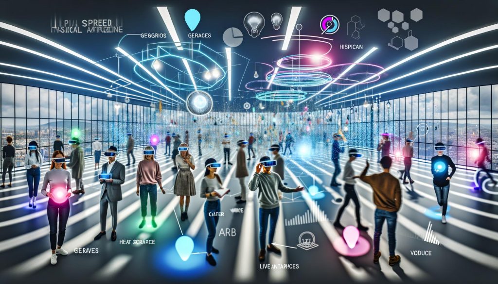Futuristischer Raum mit diversen Menschen, die mithilfe von AR-Brillen und VR-Headsets von schwebenden Hologrammen, Produktdisplays und dynamischen Infografiken umgeben sind. Heatmaps und Live-Analysen sind an den Wänden zu erkennen.