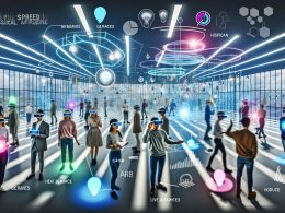 Futuristischer Raum mit diversen Menschen, die mithilfe von AR-Brillen und VR-Headsets von schwebenden Hologrammen, Produktdisplays und dynamischen Infografiken umgeben sind. Heatmaps und Live-Analysen sind an den Wänden zu erkennen.