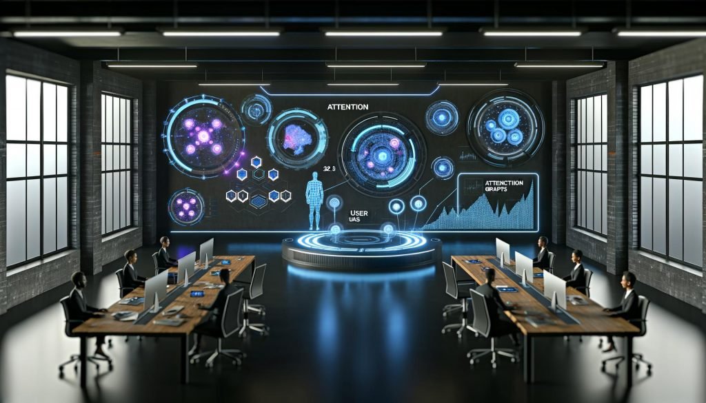 Marketer analysieren vor leuchtenden, KI-gestützten Dashboards in einem futuristischen Loft-Büro mit Datenströmen und modernen Visualisierungen.