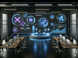 Marketer analysieren vor leuchtenden, KI-gestützten Dashboards in einem futuristischen Loft-Büro mit Datenströmen und modernen Visualisierungen.