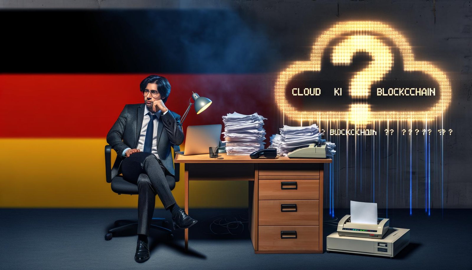Geschäftsperson am überfüllten Schreibtisch mit alter Faxmaschine, leuchtendem Laptop, Papierstapeln und einem digitalen Fragezeichen; im Hintergrund eine deutsche Flagge und Neonbegriffe wie Cloud, KI und Blockchain.