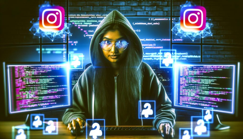 Growth Hacker mit Hoodie und Datenbrille vor vier Monitoren voller Code, Instagram-Logos, Python-Skripte und digitaler User-Avatare in einem düsteren Workspace.