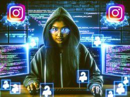 Growth Hacker mit Hoodie und Datenbrille vor vier Monitoren voller Code, Instagram-Logos, Python-Skripte und digitaler User-Avatare in einem düsteren Workspace.