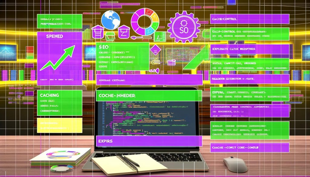 Illustrationen zu Expires Header, Cache-Control und Caching-Optimierung: Ladeprozess einer Website, Serverkonfiguration, Best Practices, SEO-Impact und Monitoring. Mit Symbolen für Ladezeit, Versionierung und Web-Performance.