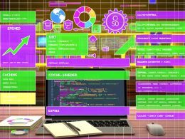Illustrationen zu Expires Header, Cache-Control und Caching-Optimierung: Ladeprozess einer Website, Serverkonfiguration, Best Practices, SEO-Impact und Monitoring. Mit Symbolen für Ladezeit, Versionierung und Web-Performance.